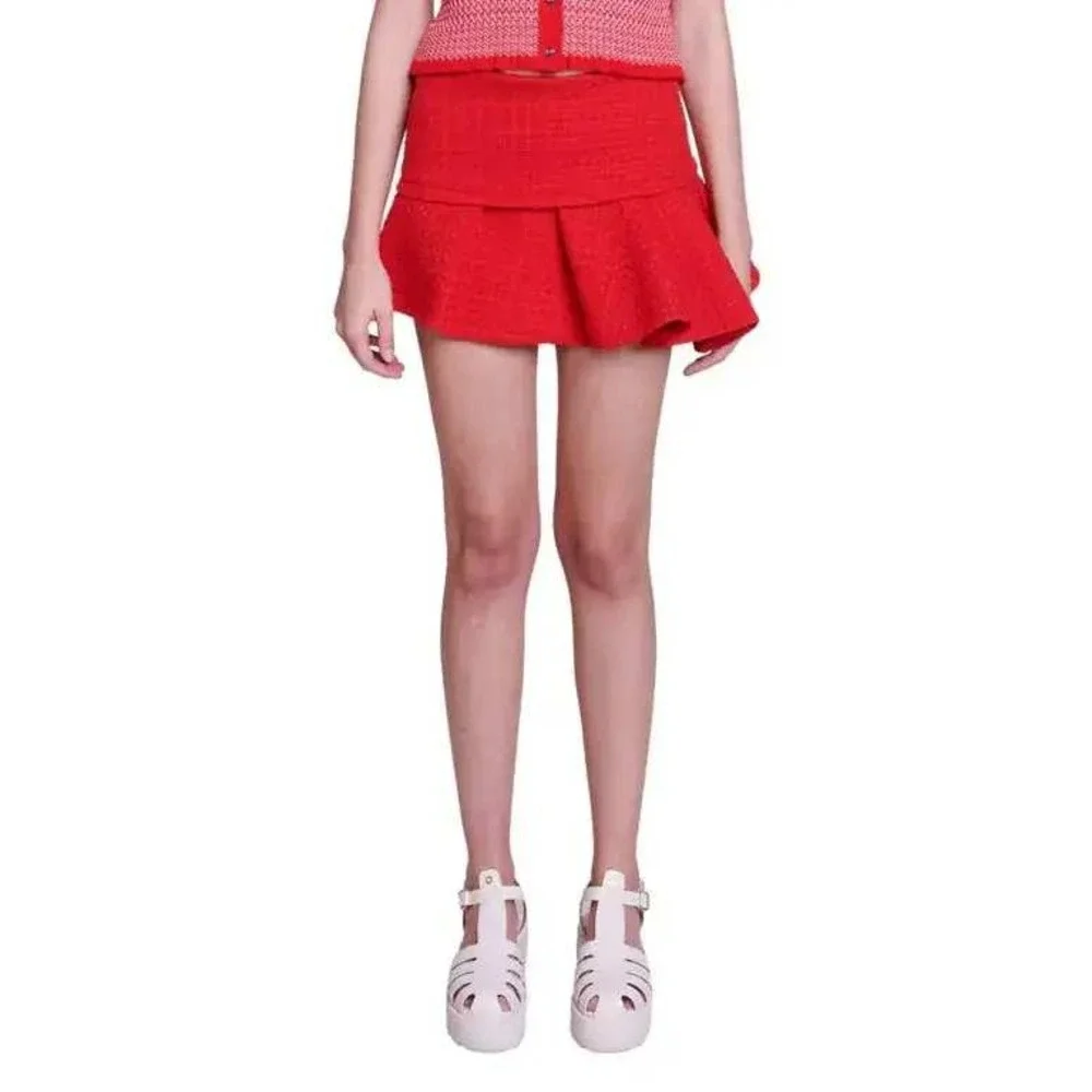 Maje Tweed Ruffled Pleated Asymmetrical Red Micro Mini Skort Skirt US S EU 36
